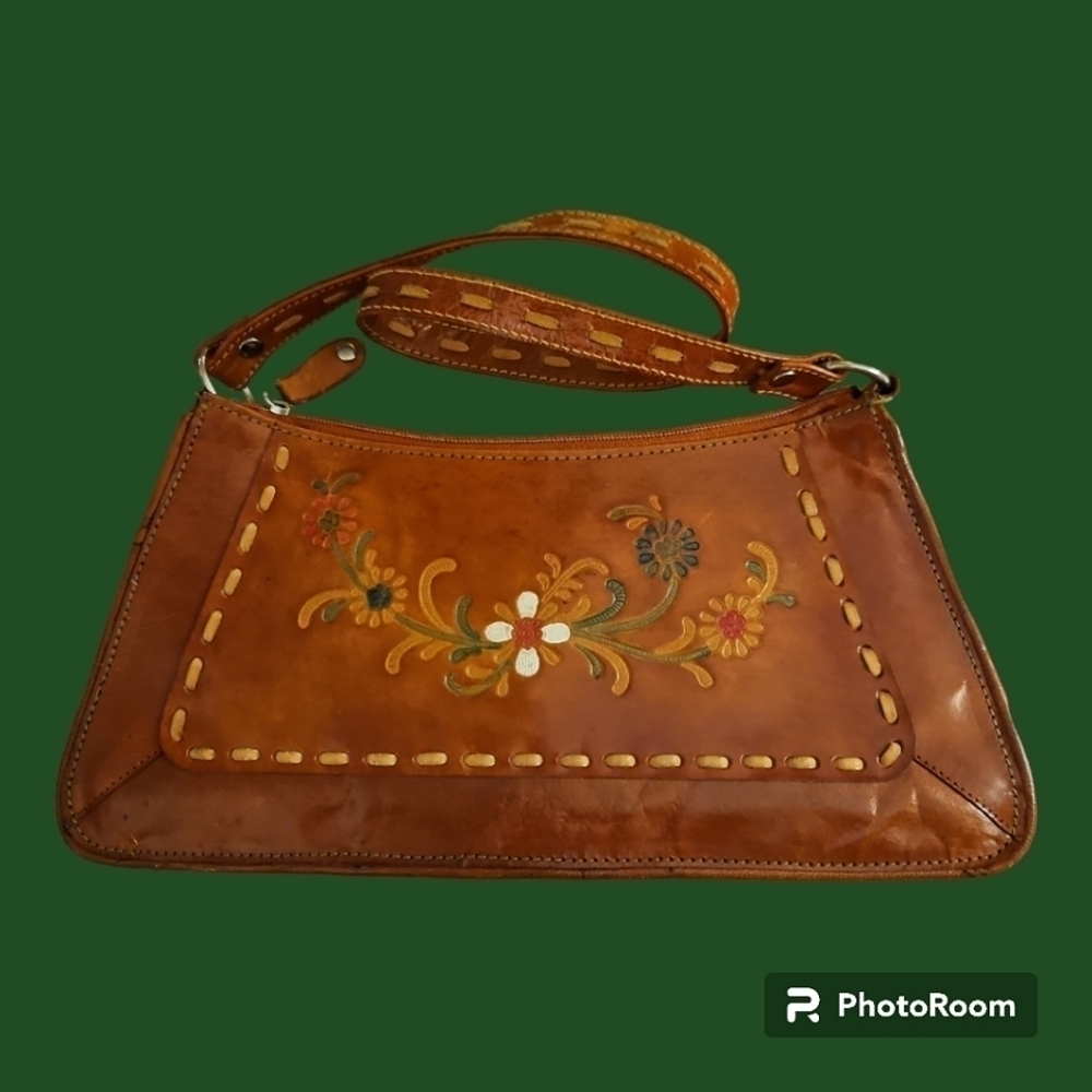 Vintage 1970s Brown Leather Floral Boho Festival Shoulder Bag